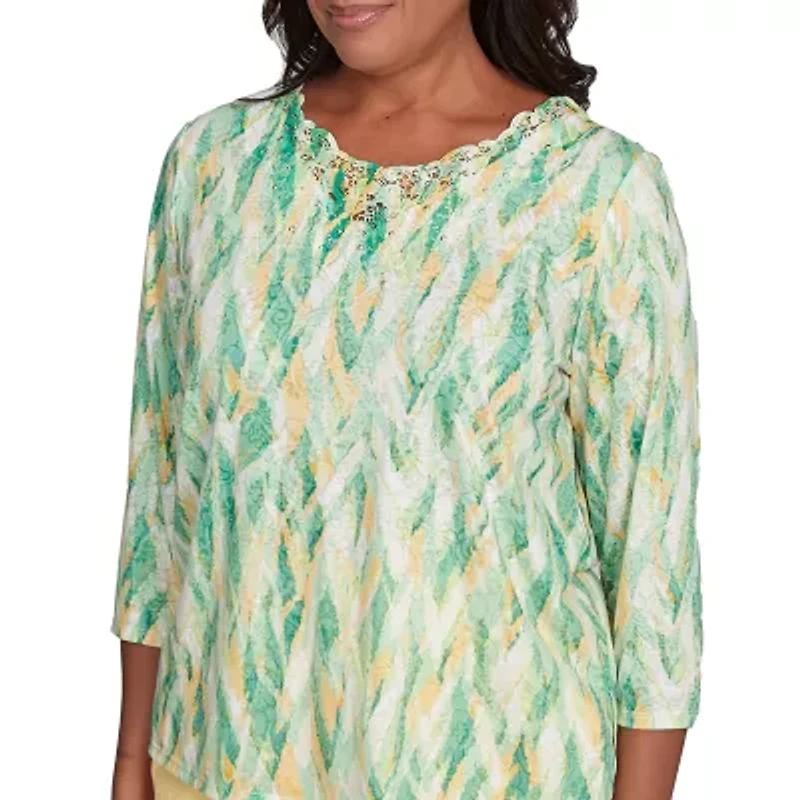 Alfred Dunner Rise And Shine Womens Crew Neck 3/4 Sleeve T-Shirt