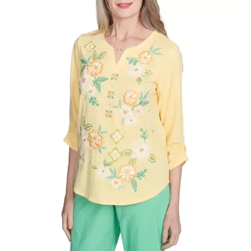 Alfred Dunner Rise And Shine Womens Split Crew Neck 3/4 Sleeve T-Shirt