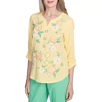 Alfred Dunner Rise And Shine Womens Split Crew Neck 3/4 Sleeve T-Shirt
