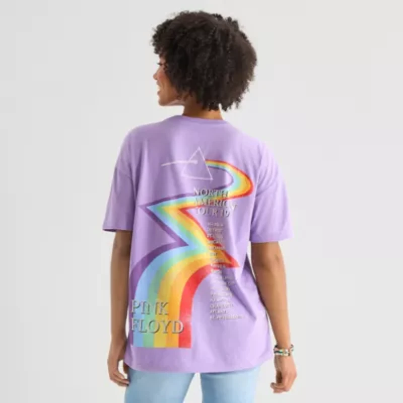 Womens Juniors Crew Neck Short Sleeve Oversized Pink Floyd Graphic T-Shirt