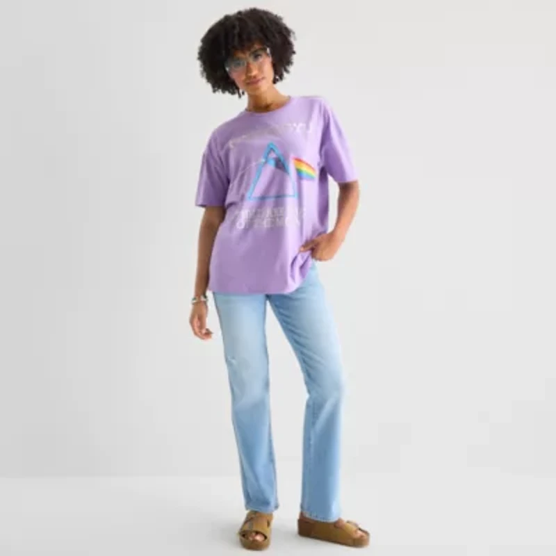 Womens Juniors Crew Neck Short Sleeve Oversized Pink Floyd Graphic T-Shirt