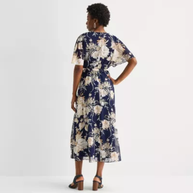 Studio 1 Womens V Neck Short Sleeve Flutter Maxi Dress
