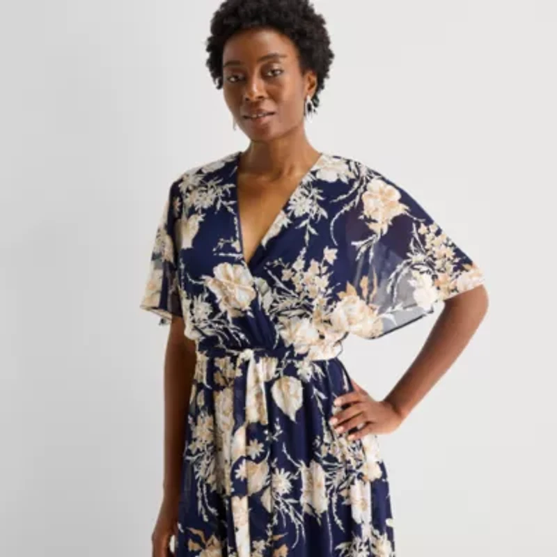 Studio 1 Womens V Neck Short Sleeve Flutter Maxi Dress