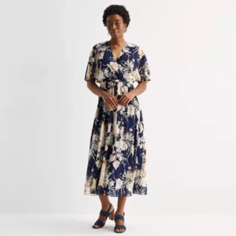 Studio 1 Womens V Neck Short Sleeve Flutter Maxi Dress