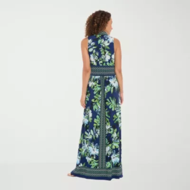 London Times Womens V Neck Sleeveless Maxi Dress