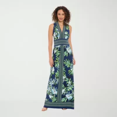 London Times Womens V Neck Sleeveless Maxi Dress