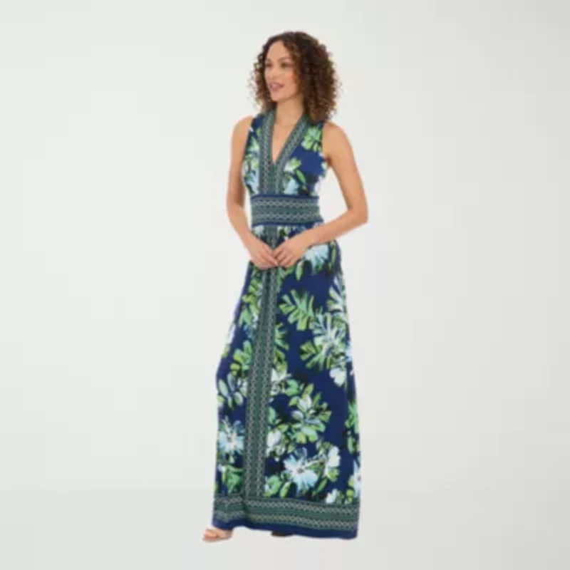 London Times Womens V Neck Sleeveless Maxi Dress