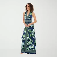 London Times Womens V Neck Sleeveless Maxi Dress