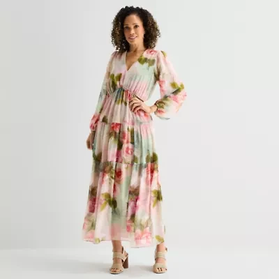 Robbie Bee Womens Long Sleeve Floral Maxi Dress