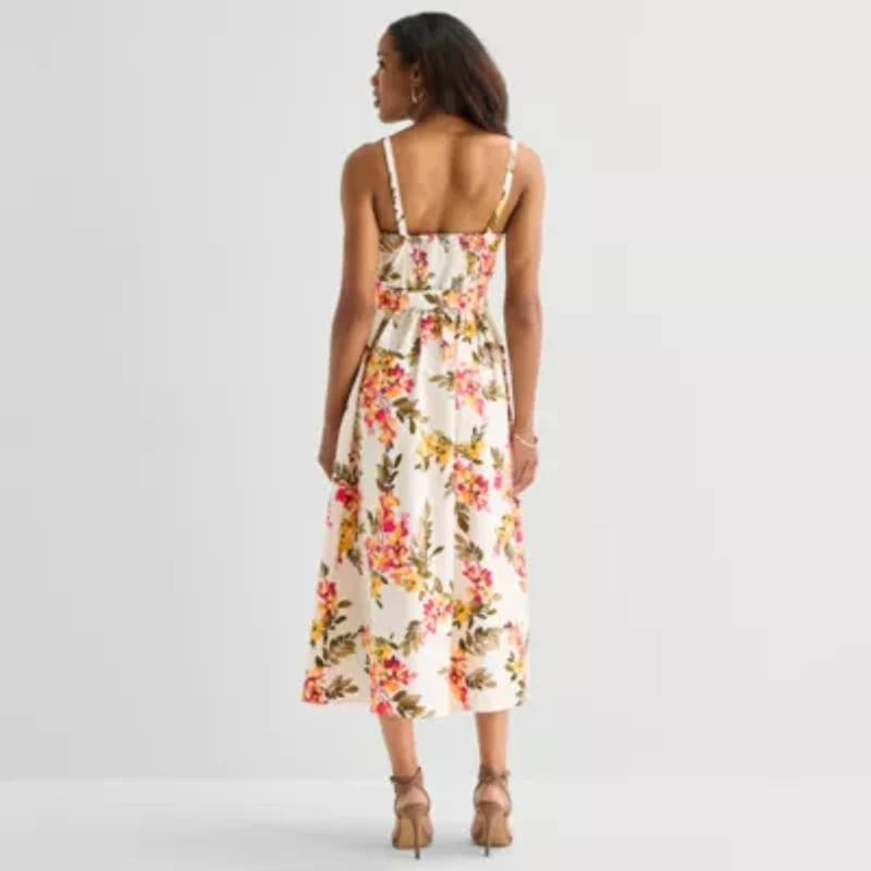 Robbie Bee Womens Midi Round Neck Sleeveless Floral Fit + Flare Dress