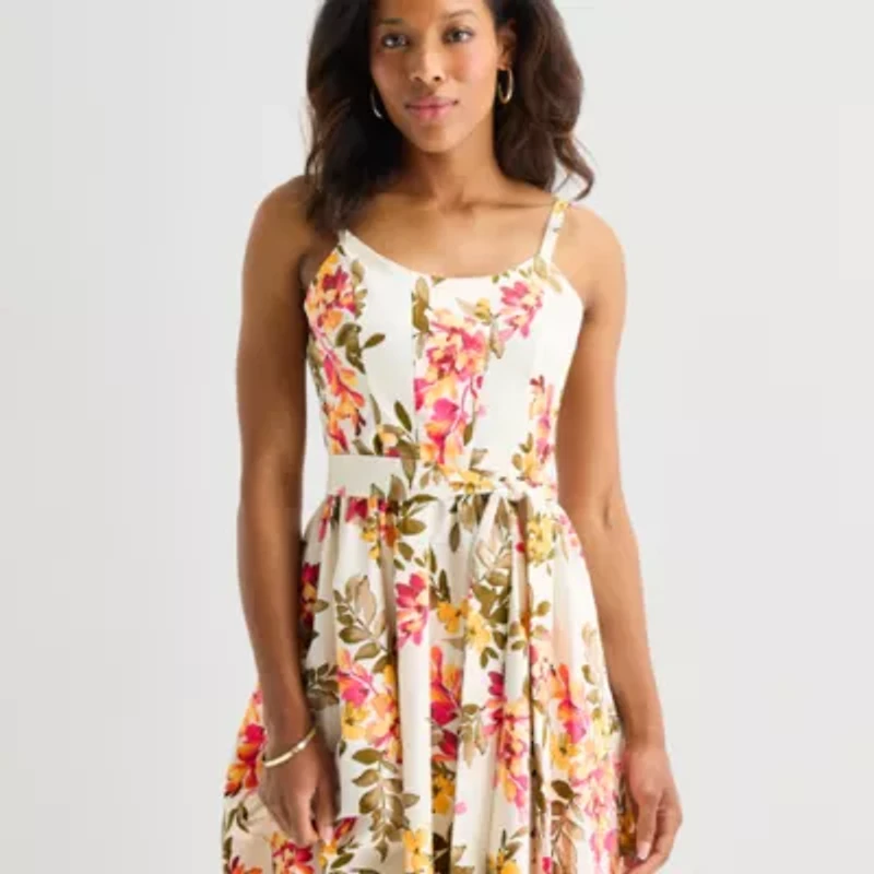 Robbie Bee Womens Midi Round Neck Sleeveless Floral Fit + Flare Dress