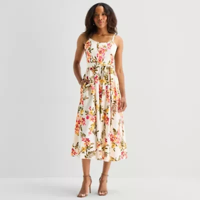 Robbie Bee Womens Midi Round Neck Sleeveless Floral Fit + Flare Dress
