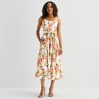 Robbie Bee Womens Midi Round Neck Sleeveless Floral Fit + Flare Dress