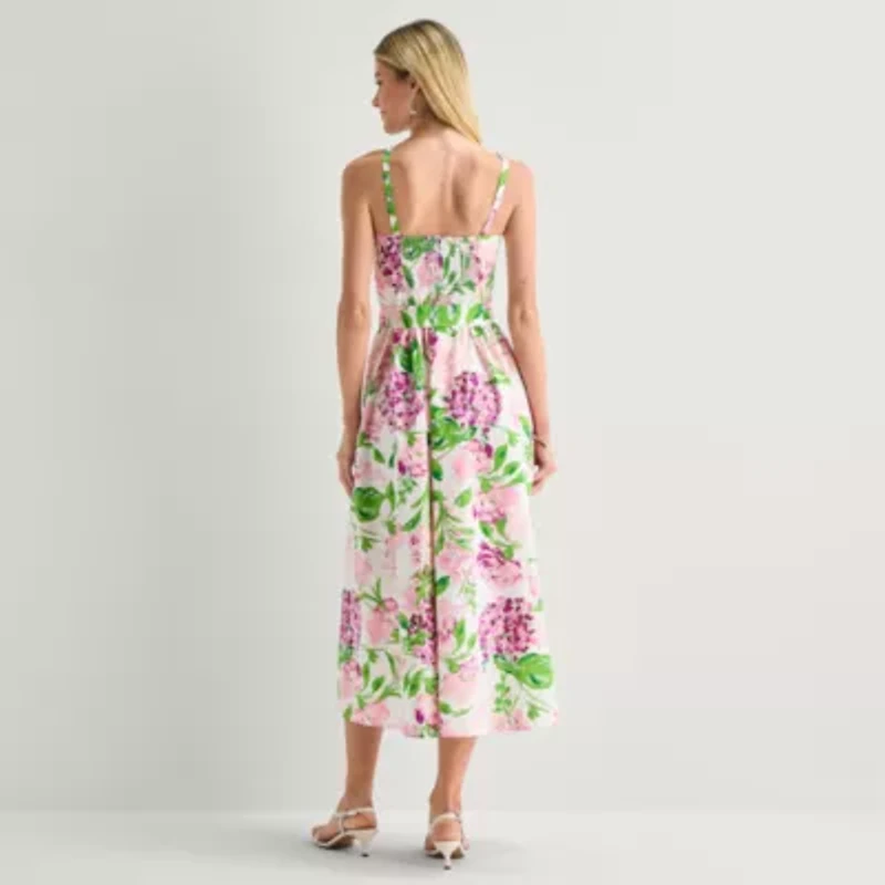 Robbie Bee Womens Sleeveless Floral Midi Fit + Flare Dress