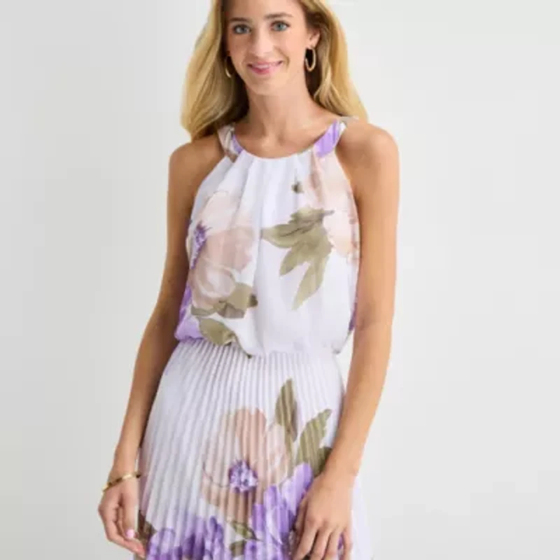 Robbie Bee Womens Halter Neck Sleeveless Floral Fit + Flare Dress