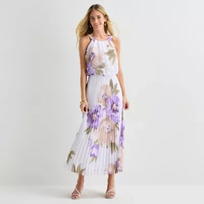 Robbie Bee Womens Halter Neck Sleeveless Floral Fit + Flare Dress