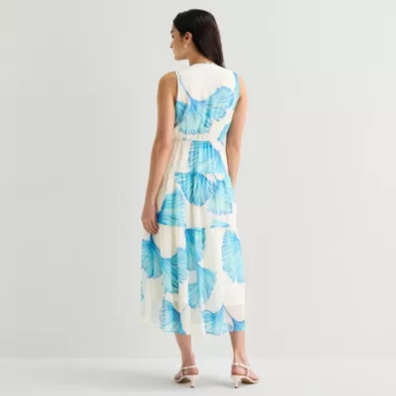 Robbie Bee Womens Midi V Neck Sleeveless Floral Fit + Flare Dress