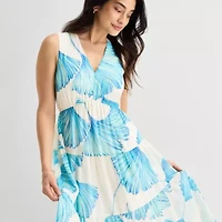 Robbie Bee Womens Midi V Neck Sleeveless Floral Fit + Flare Dress