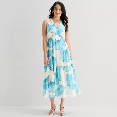 Robbie Bee Womens Midi V Neck Sleeveless Floral Fit + Flare Dress