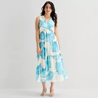 Robbie Bee Womens Midi V Neck Sleeveless Floral Fit + Flare Dress