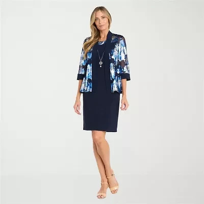 R & M Richards Womens 3/4 Sleeve Floral Jacket Dress With Removable Necklace