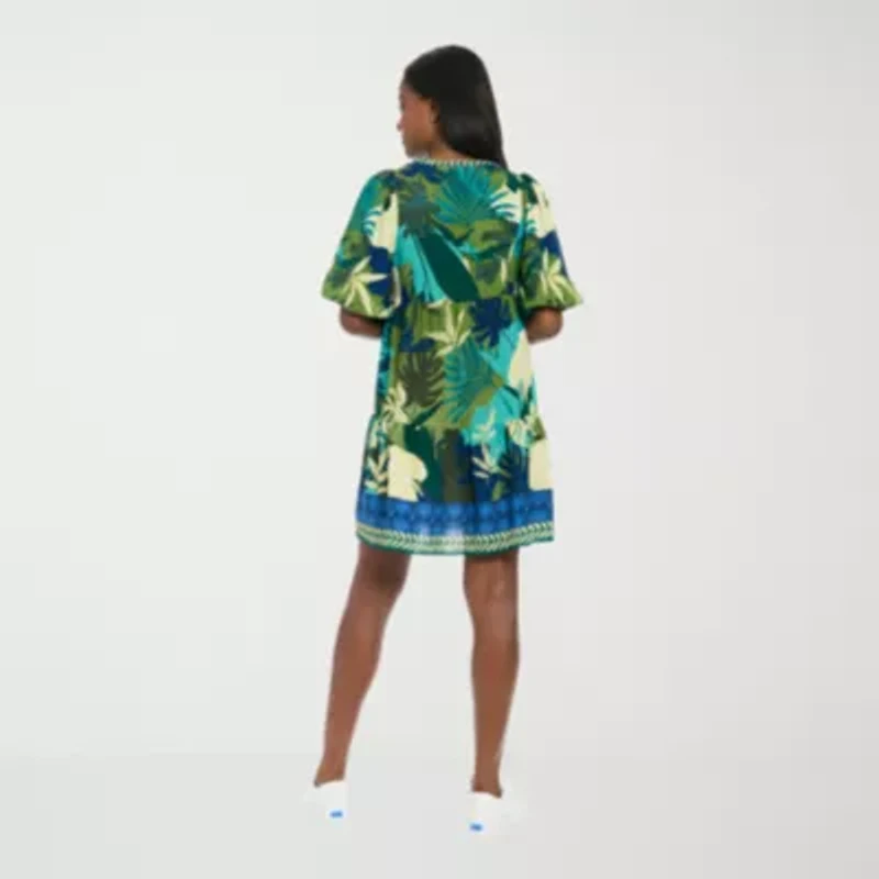 London Times Womens Notch Neck Short Sleeve Leaf Shift Dress