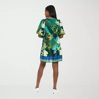 London Times Womens Notch Neck Short Sleeve Leaf Shift Dress