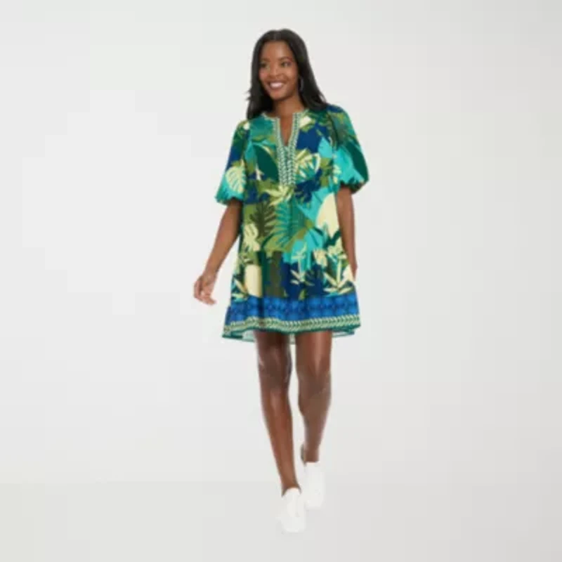 London Times Womens Notch Neck Short Sleeve Leaf Shift Dress