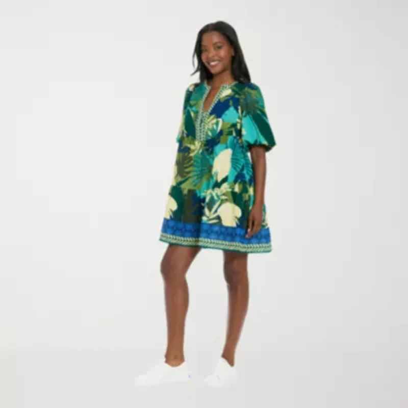London Times Womens Notch Neck Short Sleeve Leaf Shift Dress