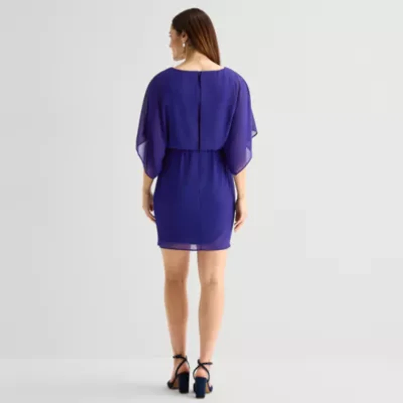 Jessica Howard Womens Petite Boat Neck 3/4 Sleeve Flutter Fit + Flare Dress