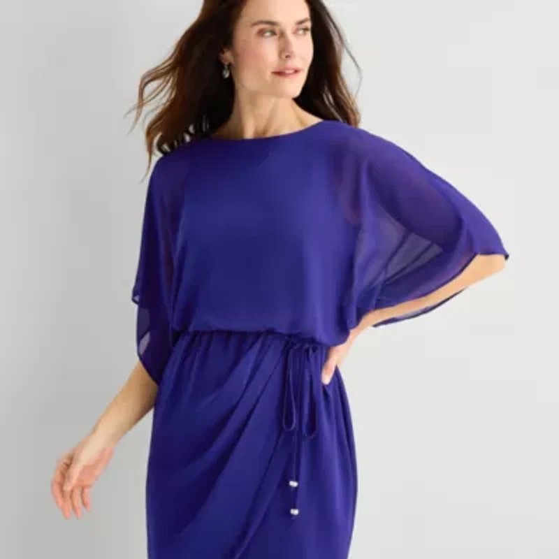 Jessica Howard Womens Petite Boat Neck 3/4 Sleeve Flutter Fit + Flare Dress