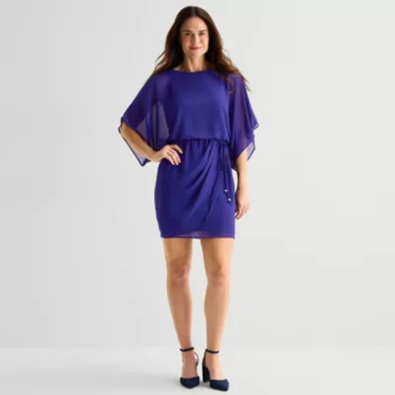 Jessica Howard Womens Petite Boat Neck 3/4 Sleeve Flutter Fit + Flare Dress