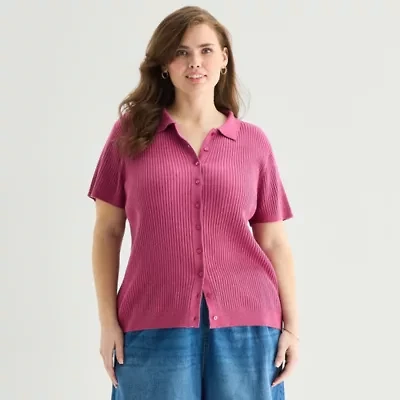 a.n.a Plus Womens Short Sleeve Polo Sweater