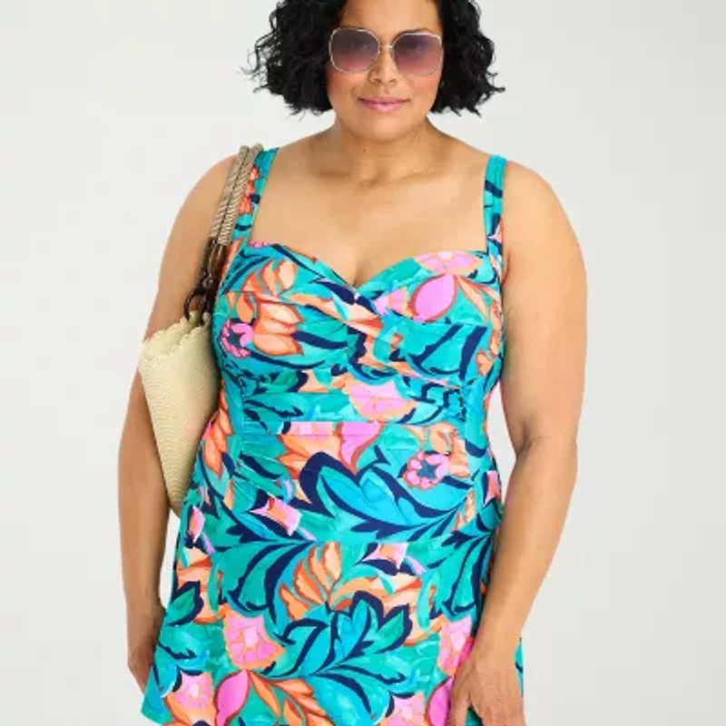 Liz Claiborne Womens Tropical Floral Plus Swim Dress