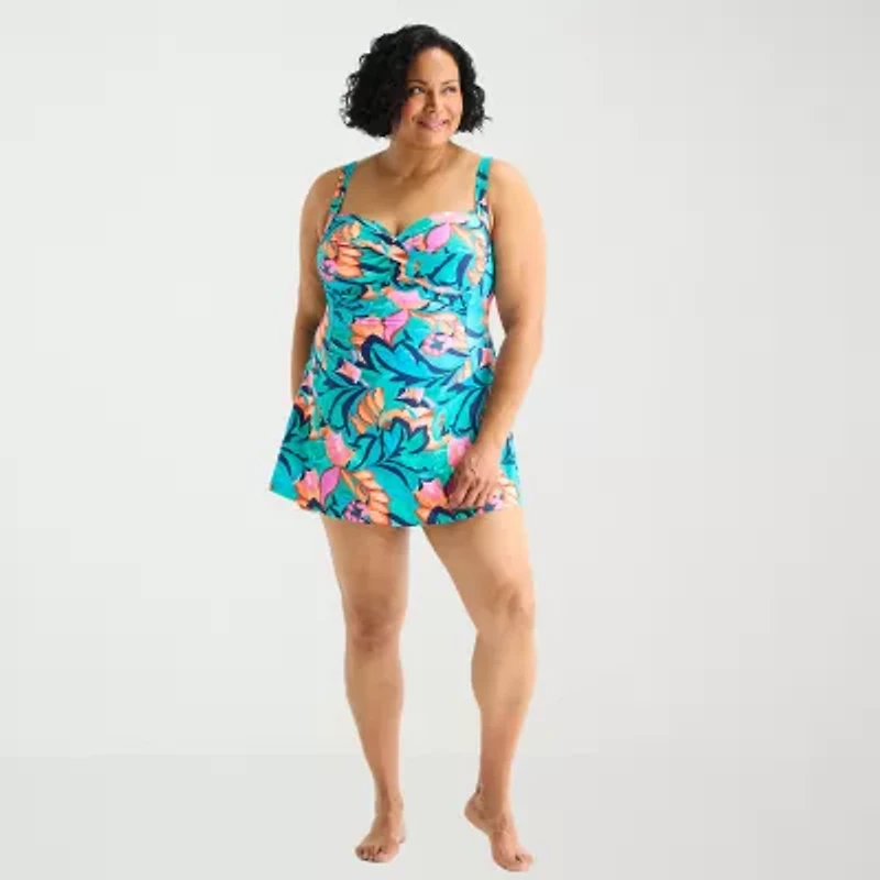 Liz Claiborne Womens Tropical Floral Plus Swim Dress