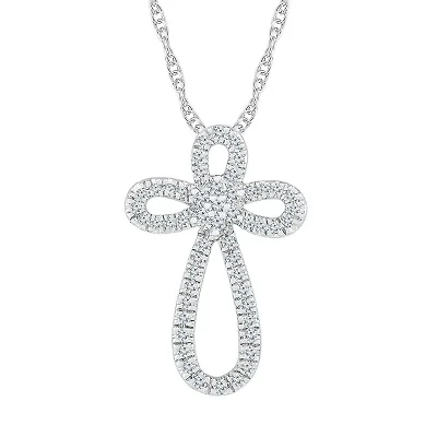 Womens 1/3 CT. T.W. Natural White Diamond 10K White Gold Cross 18 Inch Pendant Necklace