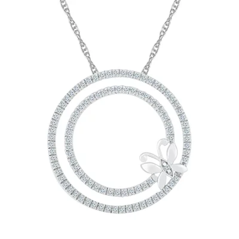 Womens 1/2 CT. T.W. Natural White Diamond 10K White Gold Butterfly Circle 18 Inch Pendant Necklace