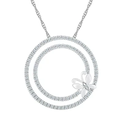 Womens 1/2 CT. T.W. Natural White Diamond 10K White Gold Butterfly Circle 18 Inch Pendant Necklace