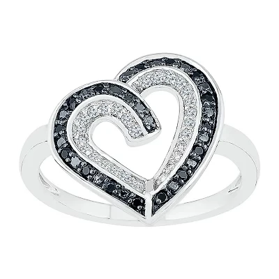 Womens 1/5 CT. Natural Black Diamond Sterling Silver Heart Cocktail Ring