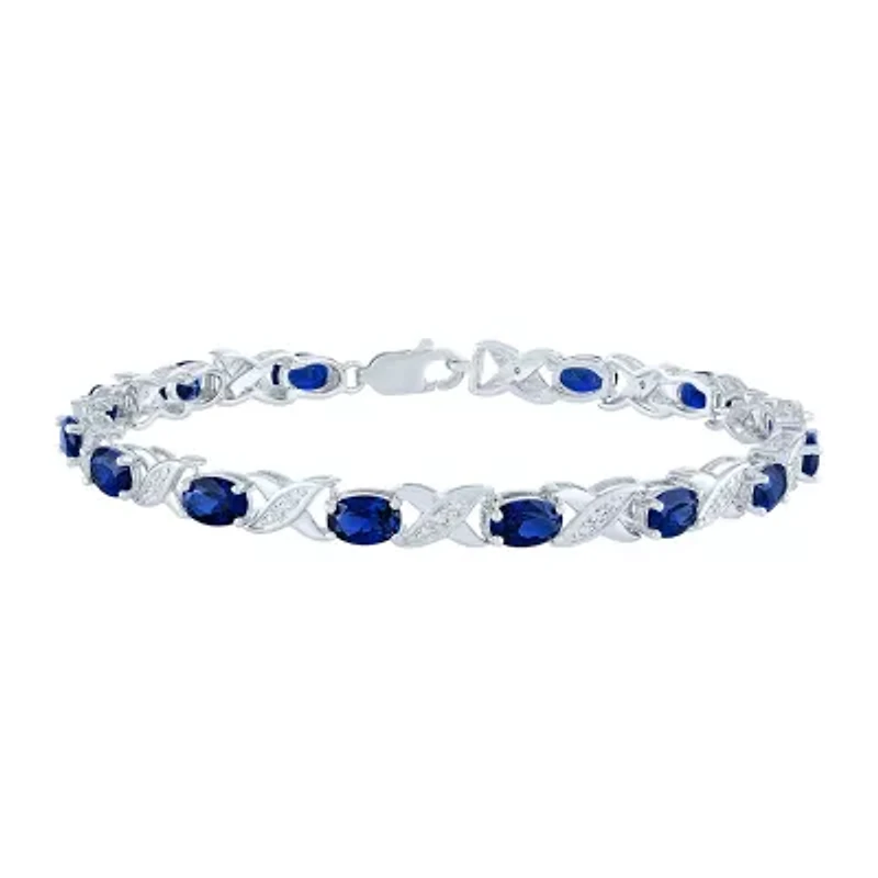 Womens Diamond Accent Lab Created Blue Sapphire Sterling Silver Tennis Bracelet