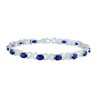 Womens Diamond Accent Lab Created Blue Sapphire Sterling Silver Tennis Bracelet