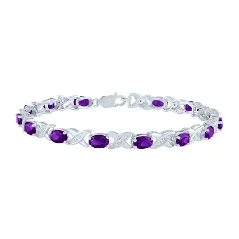 Womens Diamond Accent Genuine Purple Amethyst Sterling Silver Oval Tennis Bracelet