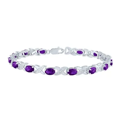 Womens Diamond Accent Genuine Purple Amethyst Sterling Silver Oval Tennis Bracelet
