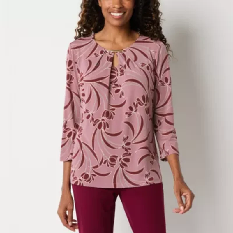 Liz Claiborne Womens Keyhole Neck 3/4 Sleeve Blouse