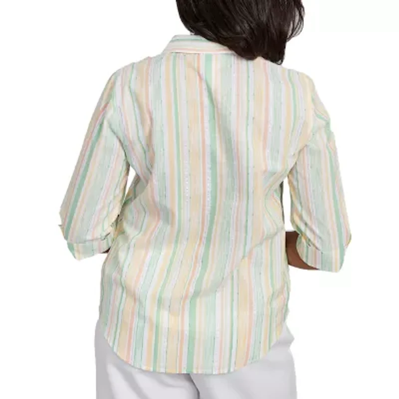 Alfred Dunner Rise And Shine Womens 3/4 Sleeve Cuffed Button-Down Shirt