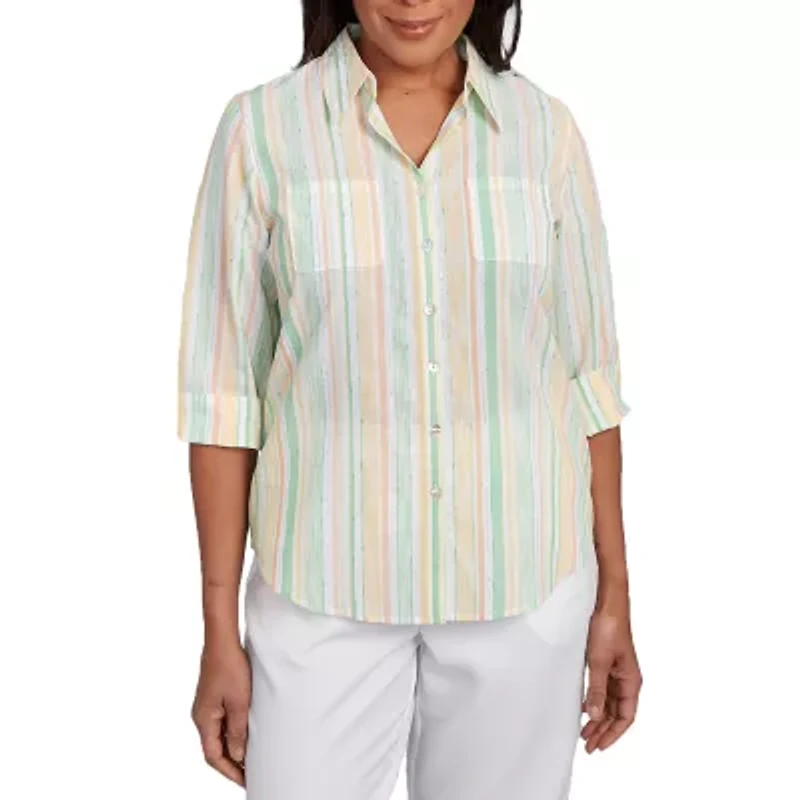 Alfred Dunner Rise And Shine Womens 3/4 Sleeve Cuffed Button-Down Shirt