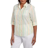 Alfred Dunner Rise And Shine Womens 3/4 Sleeve Cuffed Button-Down Shirt
