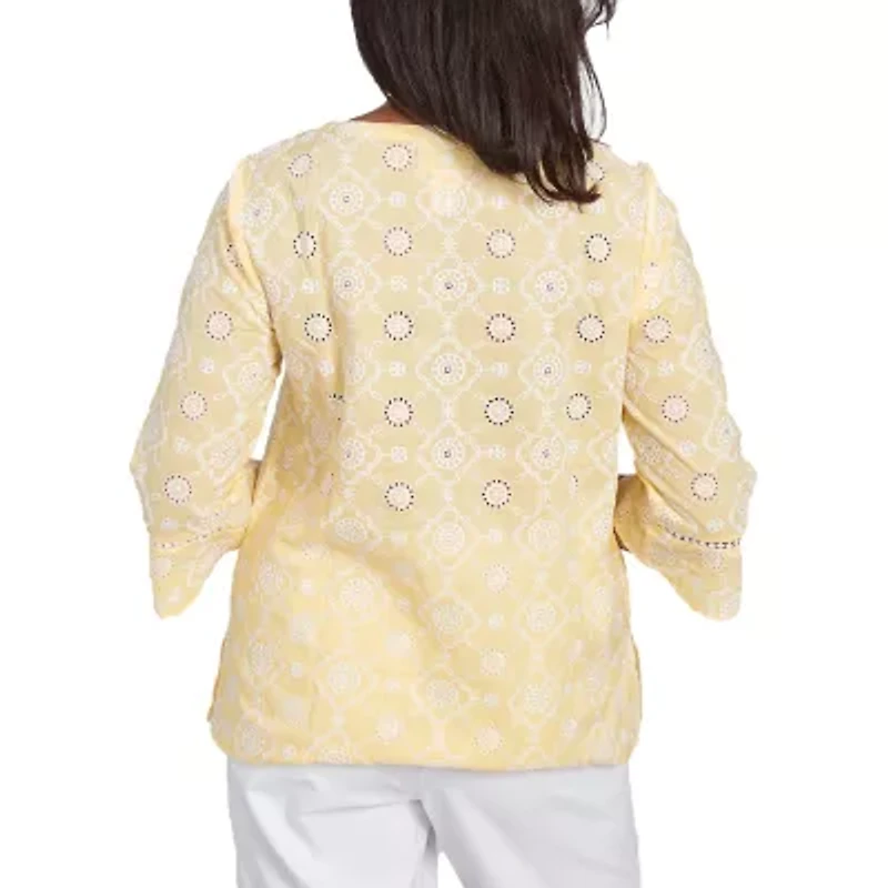 Alfred Dunner Rise And Shine Womens Crew Neck 3/4 Sleeve Embroidered Blouse