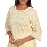 Alfred Dunner Rise And Shine Womens Crew Neck 3/4 Sleeve Embroidered Blouse
