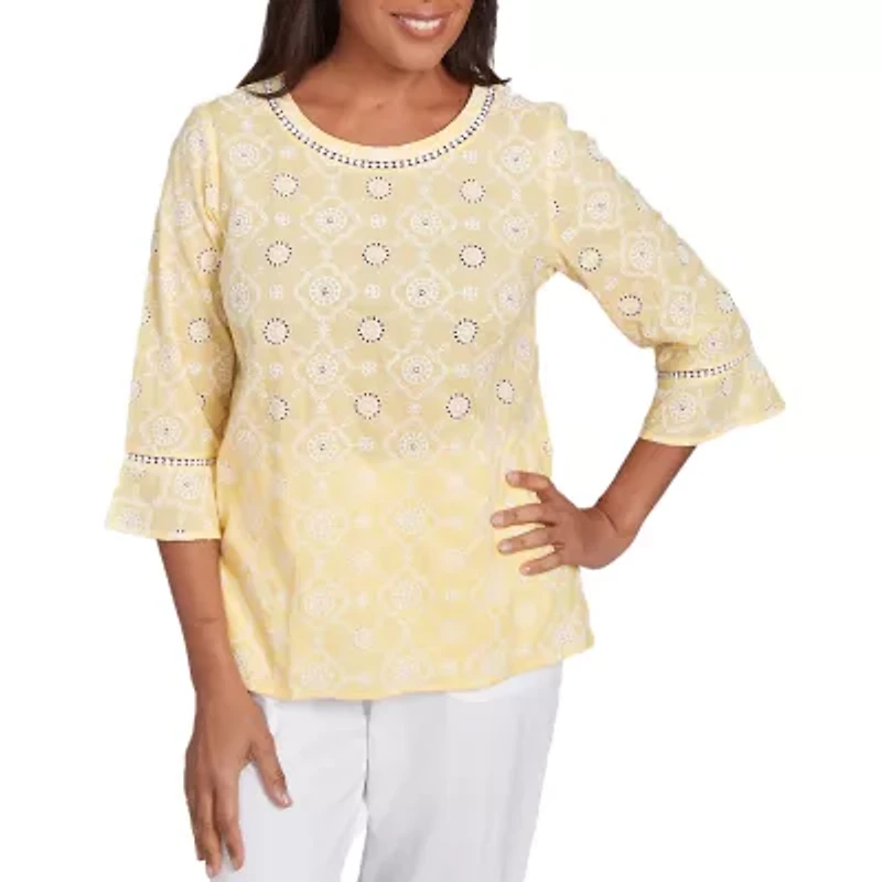 Alfred Dunner Rise And Shine Womens Crew Neck 3/4 Sleeve Embroidered Blouse